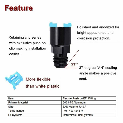 Black AN6 -6AN Fuel Adapter Fitting to 5/16" Female GM Quick Connect LS W/ Clip - Afbeelding 2 van 10