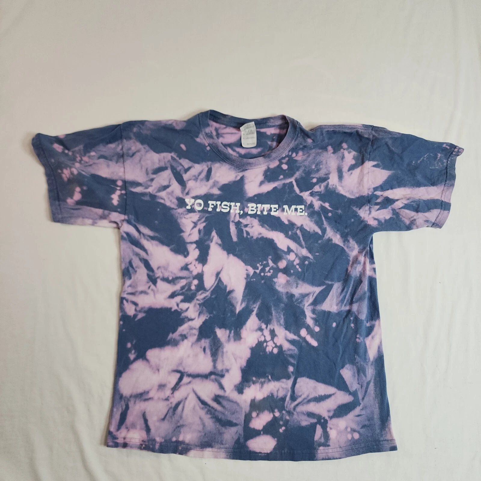 Fishing Shirt Mens Large Acid Wash Blue Funny Text Yo Fish Bite Me Dad Joke