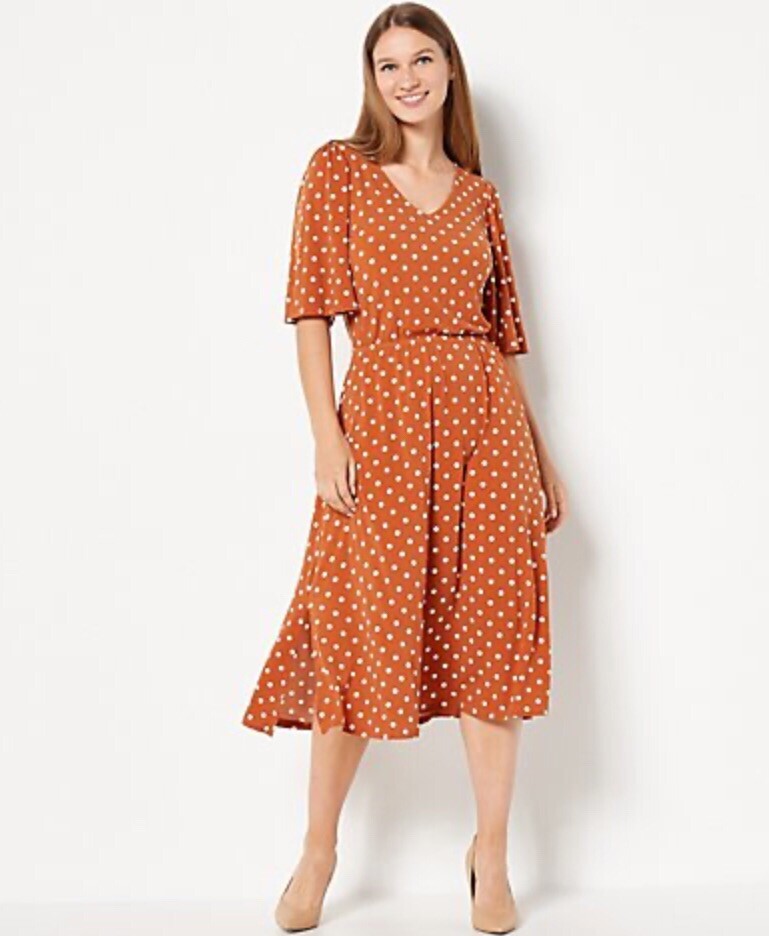 petite knit midi dress Girl With Curves with Flutter Sleeve Gingerbread Dot PXL DRESS THE POPULATION