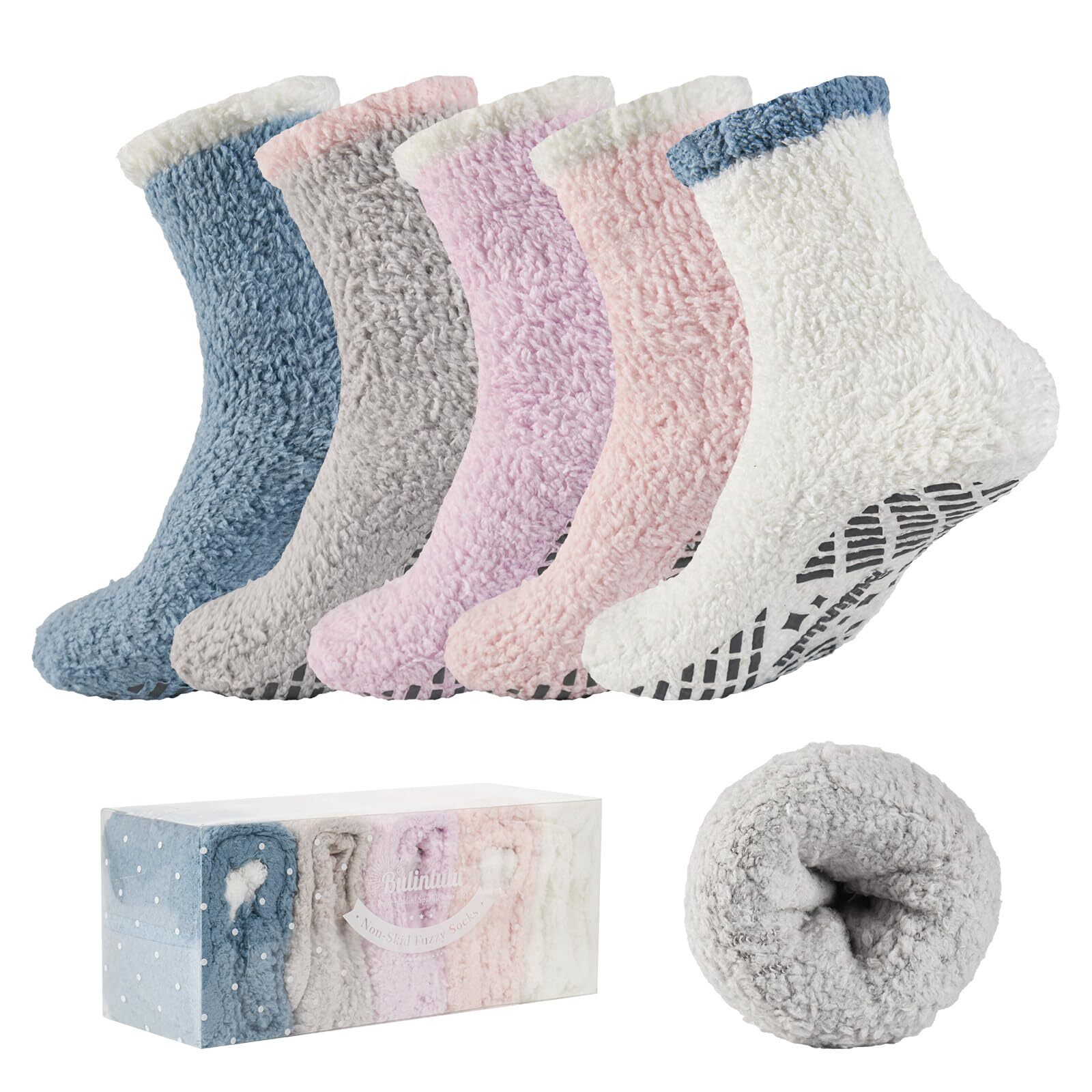 Fuzzy Socks With Grips for Women 5Pairs Non Slip Sleep Warm Fluffy Slipper Socks
