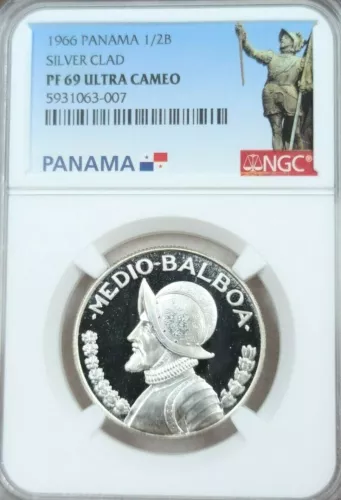 1966 PANAMA SILVER 1/2 BALBOA S1/2B NGC PF 69 ULTRA CAMEO VERY SCARCE TOP POP