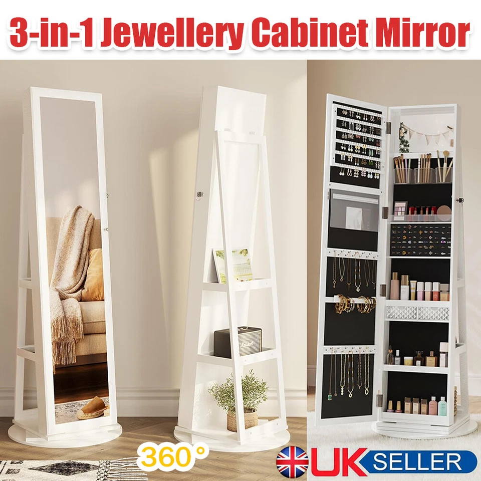 Jewelry Storage Cabinet Full-Length Mirror Lockable 360° Swivel Armoire Shelf - Image 2 of 4