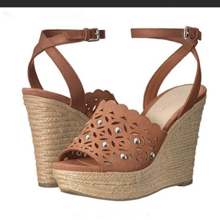 NEW Marc Fisher Hata Espadrille Studded Scalloped Wedge Shoes Size