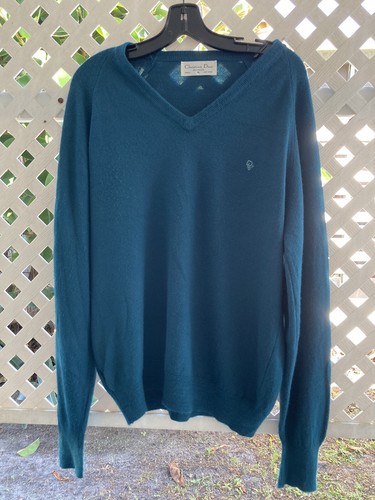 Vintage CHRISTIAN DIOR Monsieur Herren XL Deep Teal Pullover V-Ausschnitt Pullover Ex - Bild 1 von 5