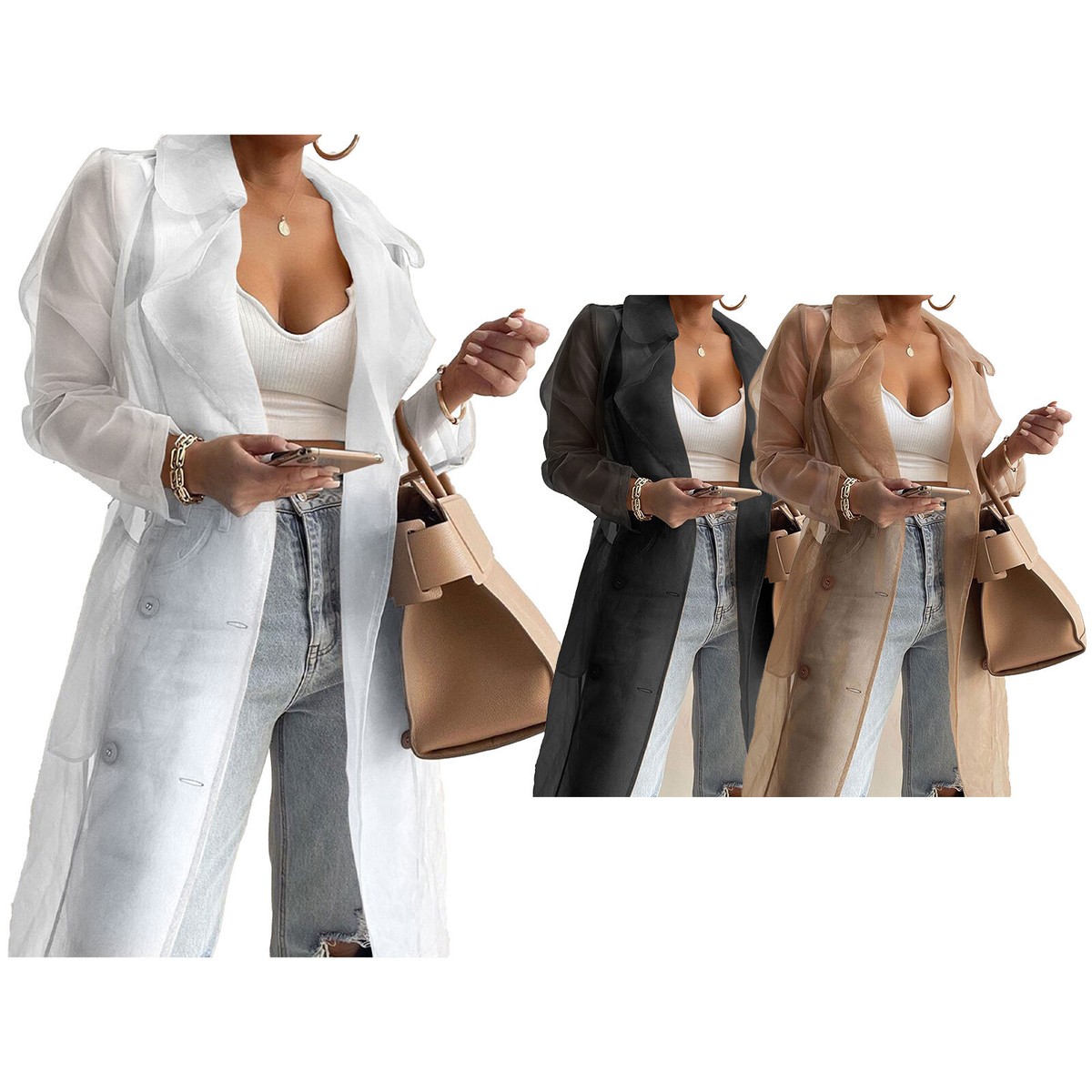 Womens Coat Organza Jackets Notch Lapel Trench Windproof