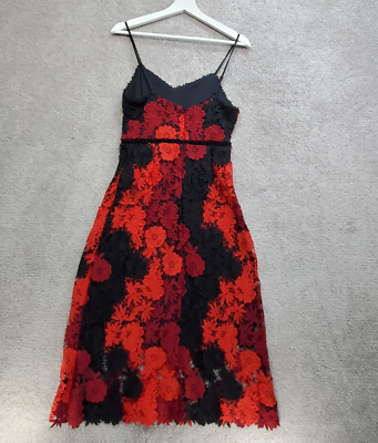 Bebe Fit & Flare Dress Women 4 Black Red Floral Lace Patchwork Embroidered  Party | eBay