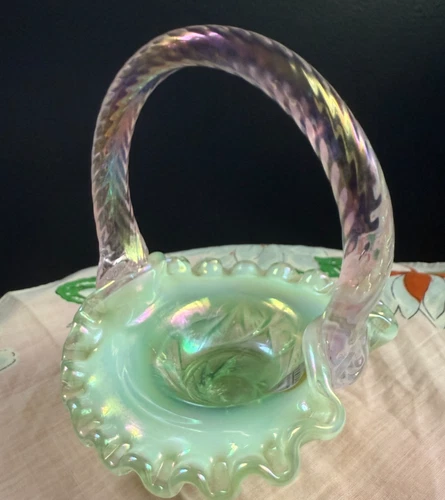Fenton Willow Green Mini Basket Opalescent/Aztec with Pink Chiffon Handle-4 in.