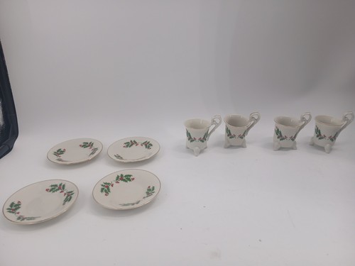 (Lot Of 8) Neiman Marcus Espresso Demitasse Holly berries Porcelain Cups Saucers - Picture 2 of 10