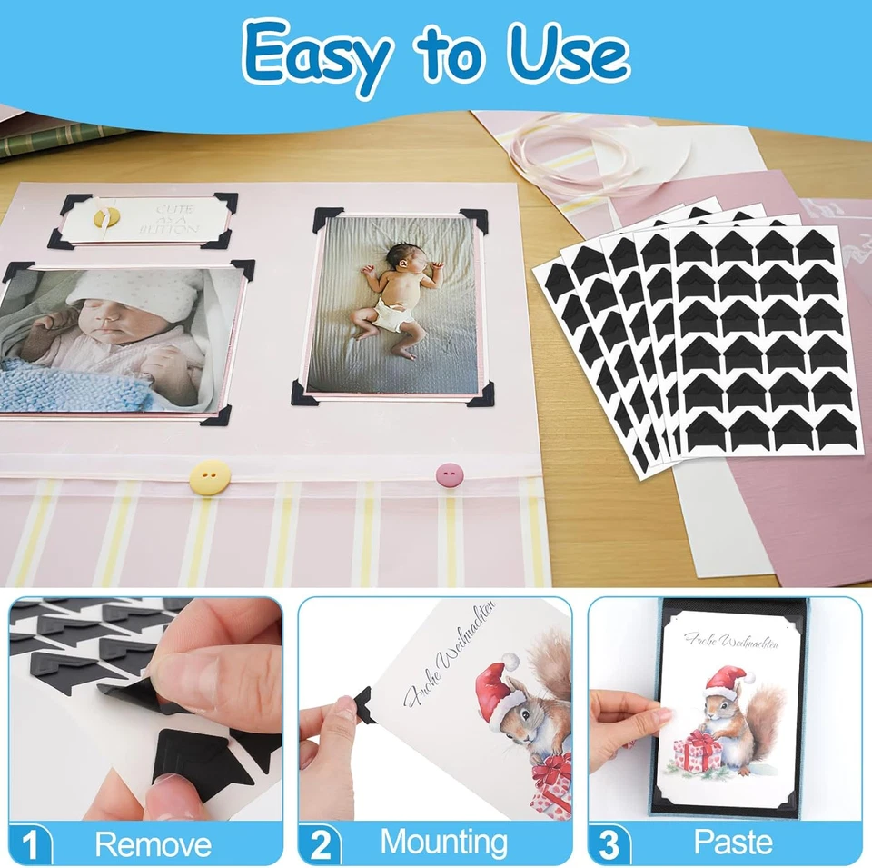 432 piezas esquinas de fotos autoadhesivas sin ácido para álbumes de recortes, negras Foto 3 de 4