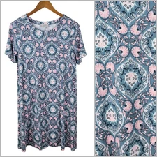 LOFT Shirt Dress Small Casual Ann Taylor Geometric Floral Pink Blue Stretchy