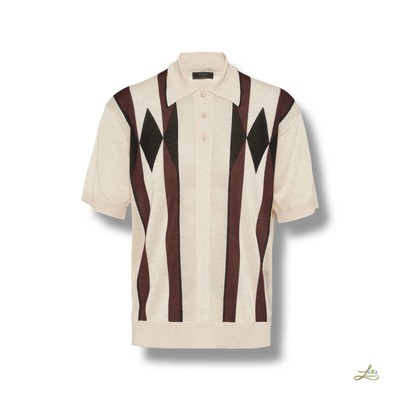 Prada Cashmere Argyle Polo Shirt Beige Logo Patch Size IT 54 Made in Italy