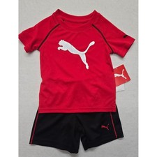 PUMA Baby Boys Outfit Set Red Black Shorts T Shirt 2 Piece Activewear 12M