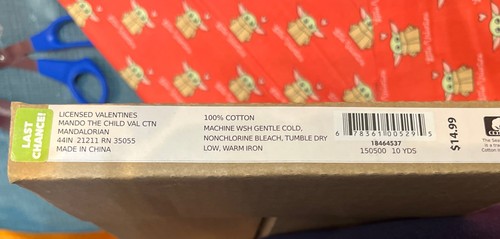 1.667 Yards X 44”. Mandilorian Child Valentine Cotton For Quilts Crafts - Picture 4 of 5