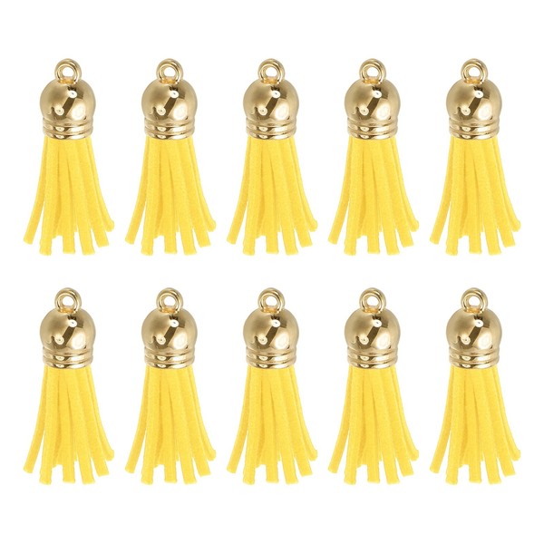 24Stk Lederquasten SchlüSselanhäNger Charm Bulk(1.5 Zoll), Hellgelb/Gold Kappe-image