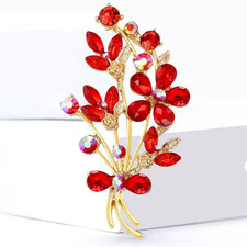 Luxury Rhinestone Flower Bouquet Brooch Gold Red Floral Pin Nature Jewelry Gift