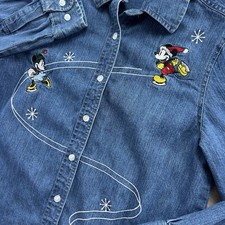 VTG Disney Shopping Small Denim Mickey Minnie Pluto Goofy Skating Button Up