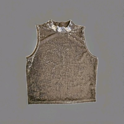 Crushed Velvet Mock Neck Tank Top Woman Small Cropped Champagne Officecore Y2K 