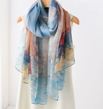 100 Silk Mulberry Neckerchief 178X110cm Bandanna Shawl Scarf Blue mountain Print