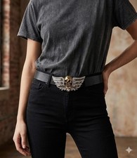 Washed Up Hollywood Gold Skull Rhinestone Winged Belt Genuine Leather Made USA