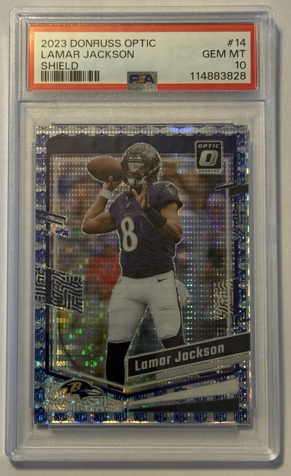 2023 Panini Donruss Optic Lamar Jackson #14 Shield Prizm 11/32 PSA 10 SSP 🔥