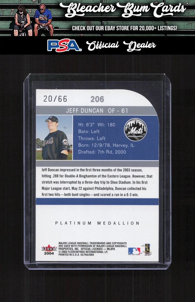 2004 Ultra 206 Jeff Duncan Platinum Medallion #/66 - Image 2 of 2