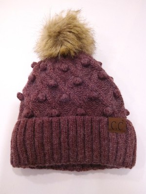 C.C Exclusive Women Coco Berry Color Ribbed Knit Beanie Hat with Pom