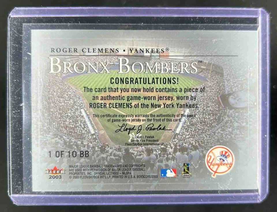 2003 Score Roger Clemens Bronx Bombers Game Worn #1 BB Yankees - Image 2 of 2