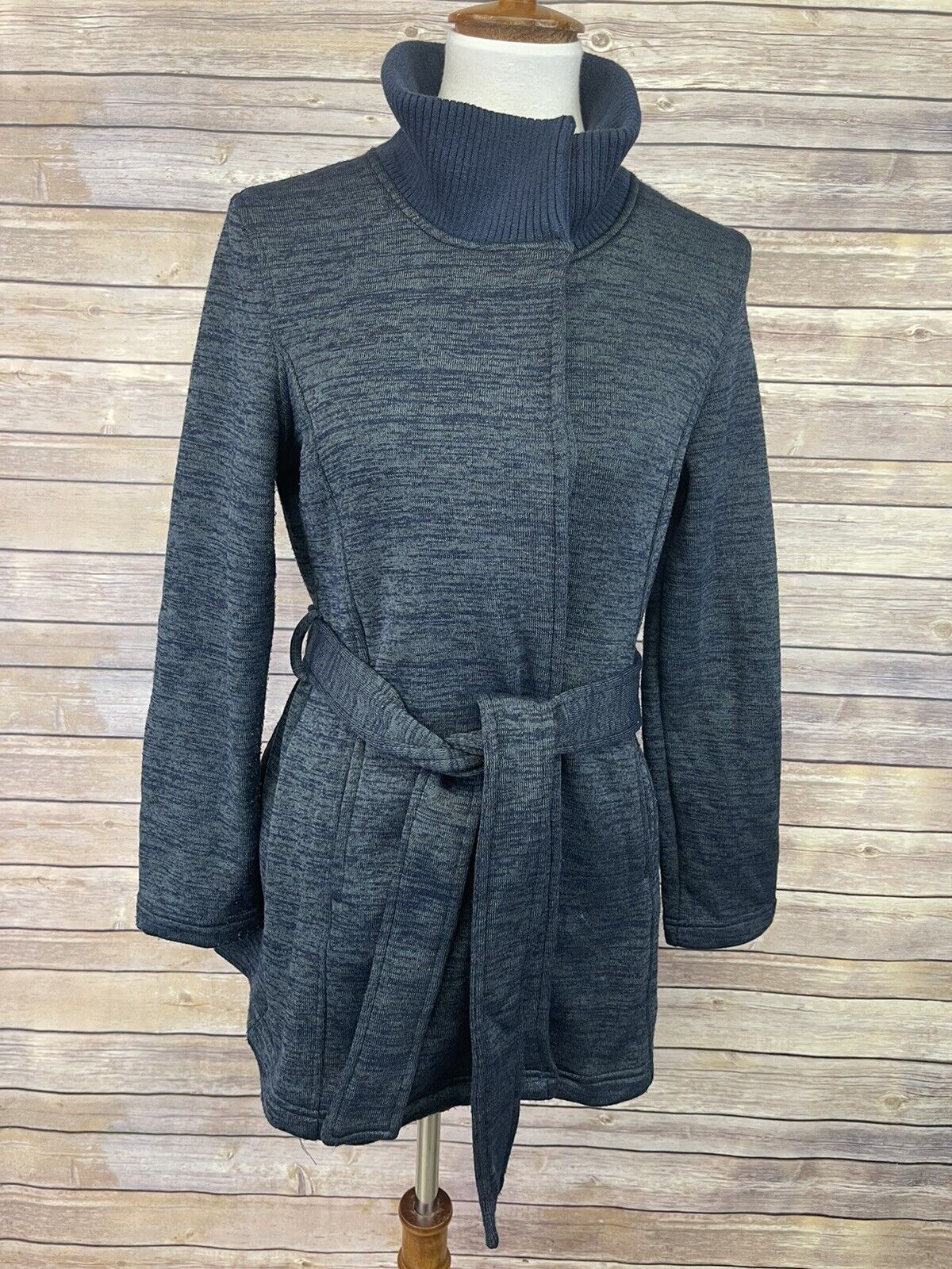 Market Spruce Small Coat Belted Fleece Lined Blue Sweater Knit Button Up Cozy