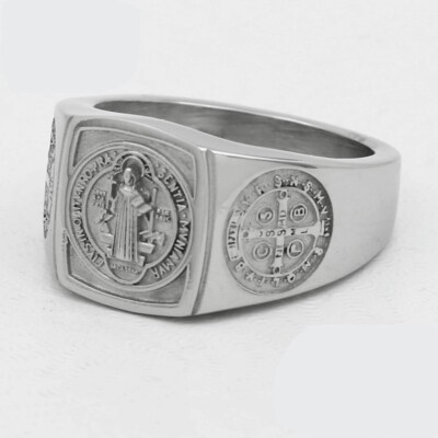 Men's Stainless Steel Silver SAN BENITO Ring 8-13 High Polish Box
