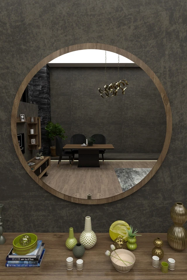 Round Mirror for Wall - Modern Mirror for Bathroom - Walnut  Mirror (18 inch )  - Image 2 of 4