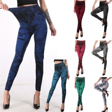 Women Leggings Fake Ripped Jeans Print High-Waisted Tummy Control Yoga Pants