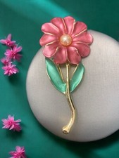   Vintage Pink Green Enamel Daisy Flower Brooch Pin 3  