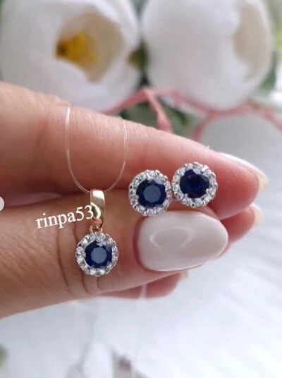 Juego de joyas Lab Syn zafiro alfombra roja ropa de fiesta para mujer real en 925 SS Foto 4 de 4