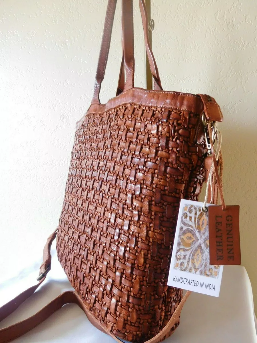 Leather Hand-Woven Tote Shoulder Bag for Women, Cognac