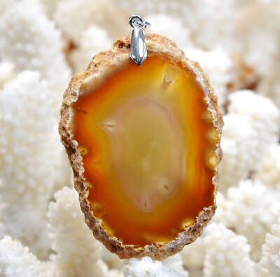 Collier Lithothérapie En Tranche D'agate Multicolore - Longueur 72cm, Pierre 6x2,2cm