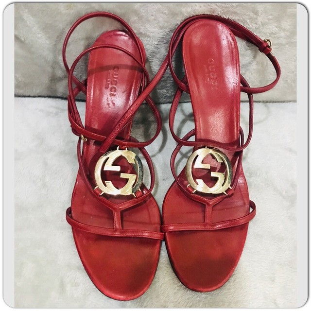 Gucci Burgundy Strappy Gold Metal GG logo Warped Ankle Heels Sandals Sz 39 | eBay
