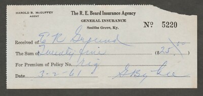 TWO VINTAGE R.E. BEARD INSURANCE AGENCY, SMITHS GROVE, KY RECEIPTS 1961