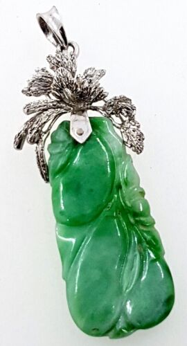 Vintage carved Jadeite Jade PENDANT, 9k (375) white gold, double sided, leaves - Picture 2 of 12