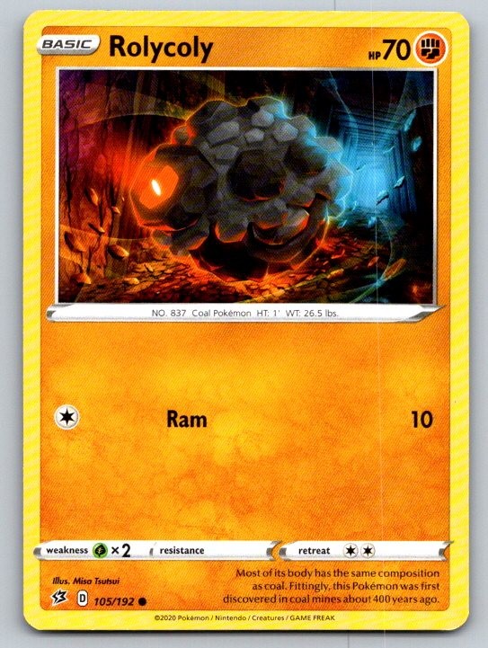 Rolycoly 105/192 Common Rebel Clash Pokemon Near Mint