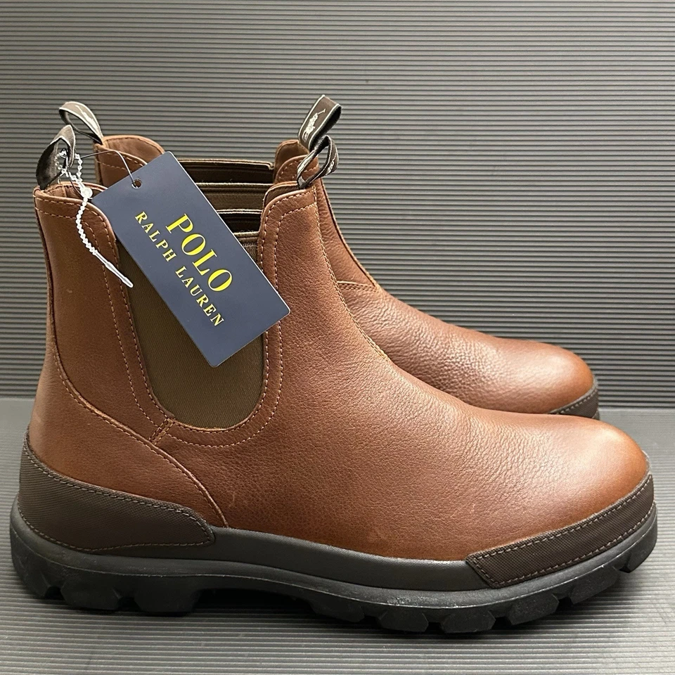 Polo Ralph Lauren Hombres Oslo Chelsea Botas Talla 10.5D Marrón + Azul Marino Gorro Sombrero Paquete Foto 3 de 4