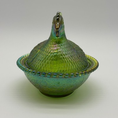 Lime Green Iridescent Indiana Glass Hen on Nest Vintage Carnival