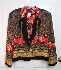 NWOT VTG Carole Little Jacket Cropped Concho Tassels Colorful Mixed Print Size 6