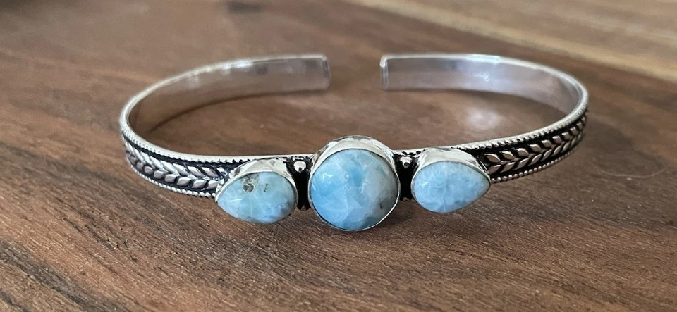 Pulsera/brazalete ajustable con piedras preciosas Larimar - Chapado en plata de ley 925-Nuevo Foto 4 de 4