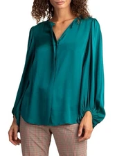 Trina Turk Large Devilline Silk-Blend Teal Blouse Top Stretch Drama Sleeve Luxe