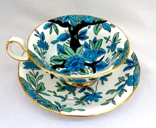 Royal Chelsea England Bone China Cup & Saucer ~ Turquoise Flowering Tree