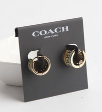 Coach Signature Enamel Hoop Earrings In Green Multi/Gold With Dust Bag