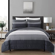 7 Pieces Bed in a Bag Black Grey Queen Size Comforter Set, Lightweight Stripe...