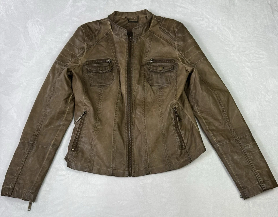 JouJou Leather Jacket Womens Large Chocolate Brown Moto Biker Bomber Aviator - Image 2 of 4