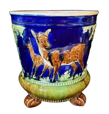 ENGLISH MAJOLICA DEER & TREES JARDINIERE Thomas Forester c1880 (Prof. Restored)