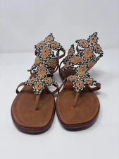 Tory Burch Palisade Floral Embroidered Leather Sandals Women’s 8.5 Brown Boho 